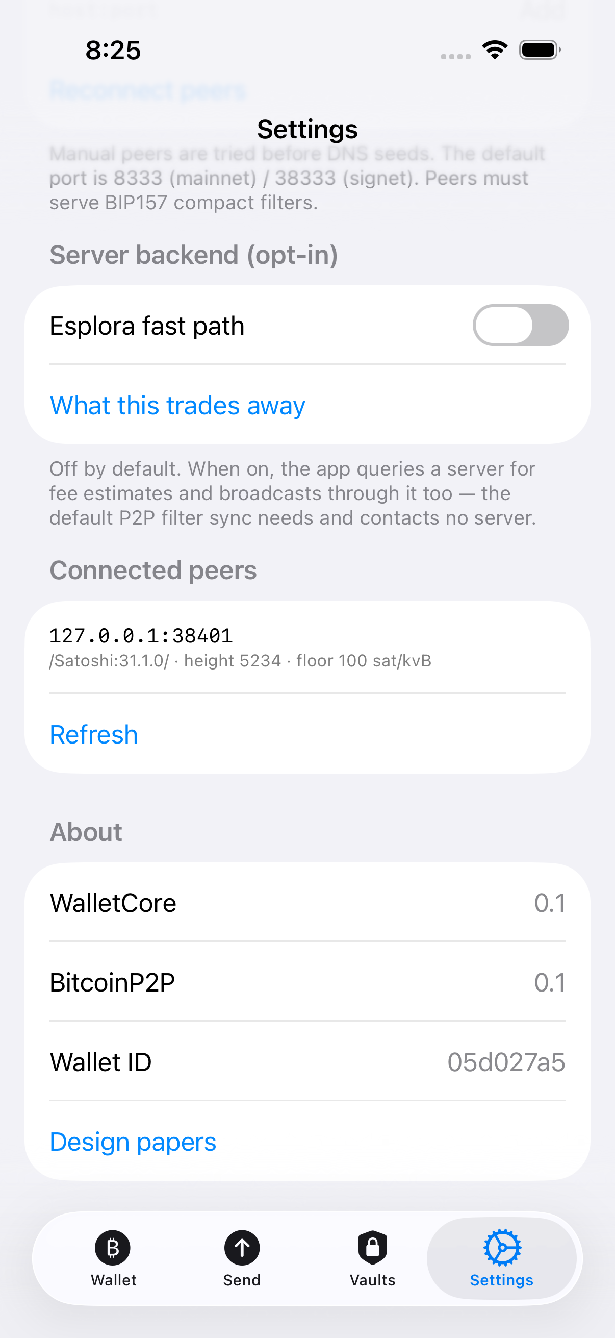 Settings screen listing connected full-node peers