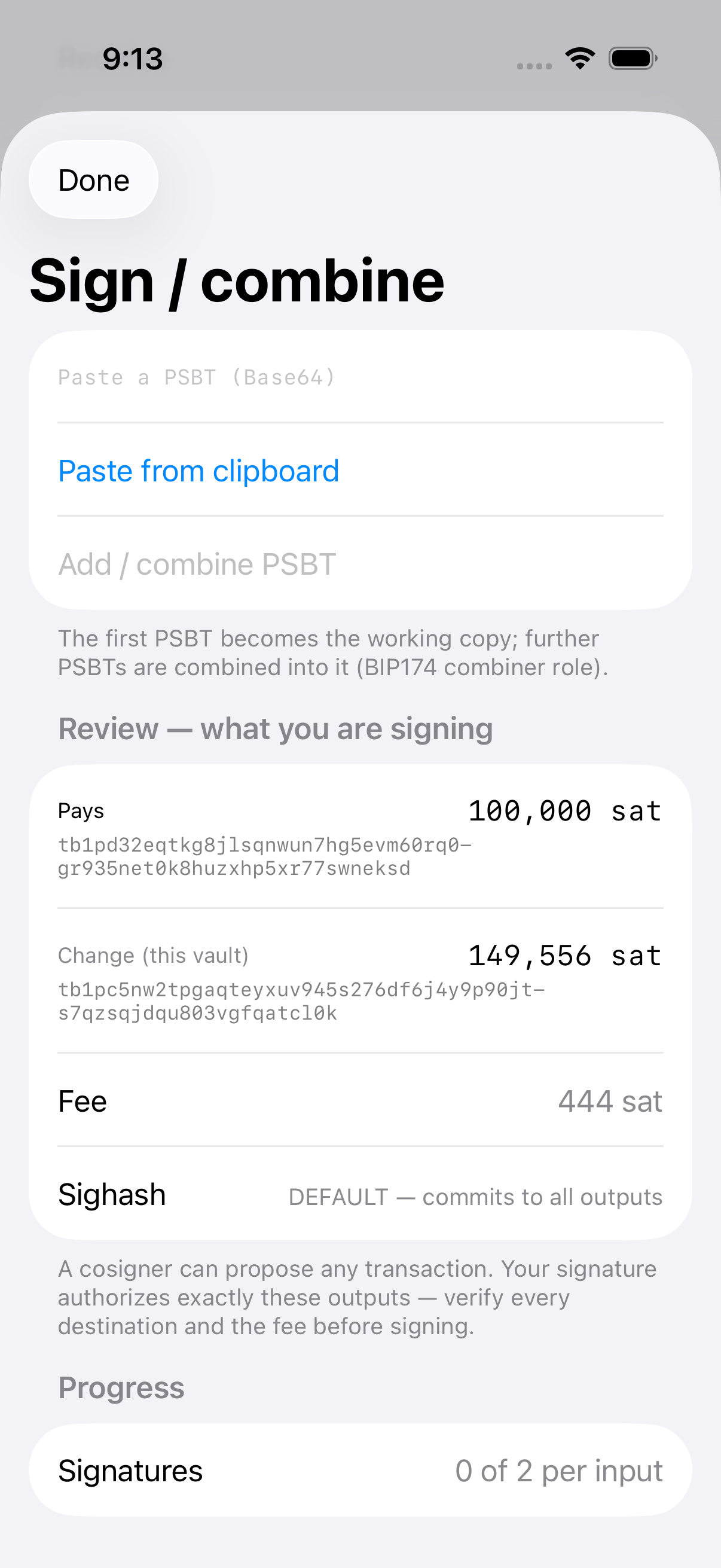 btc-swift vault cosigning captured on signet: the review section showing destination, vault change, fee and sighash before any key is used