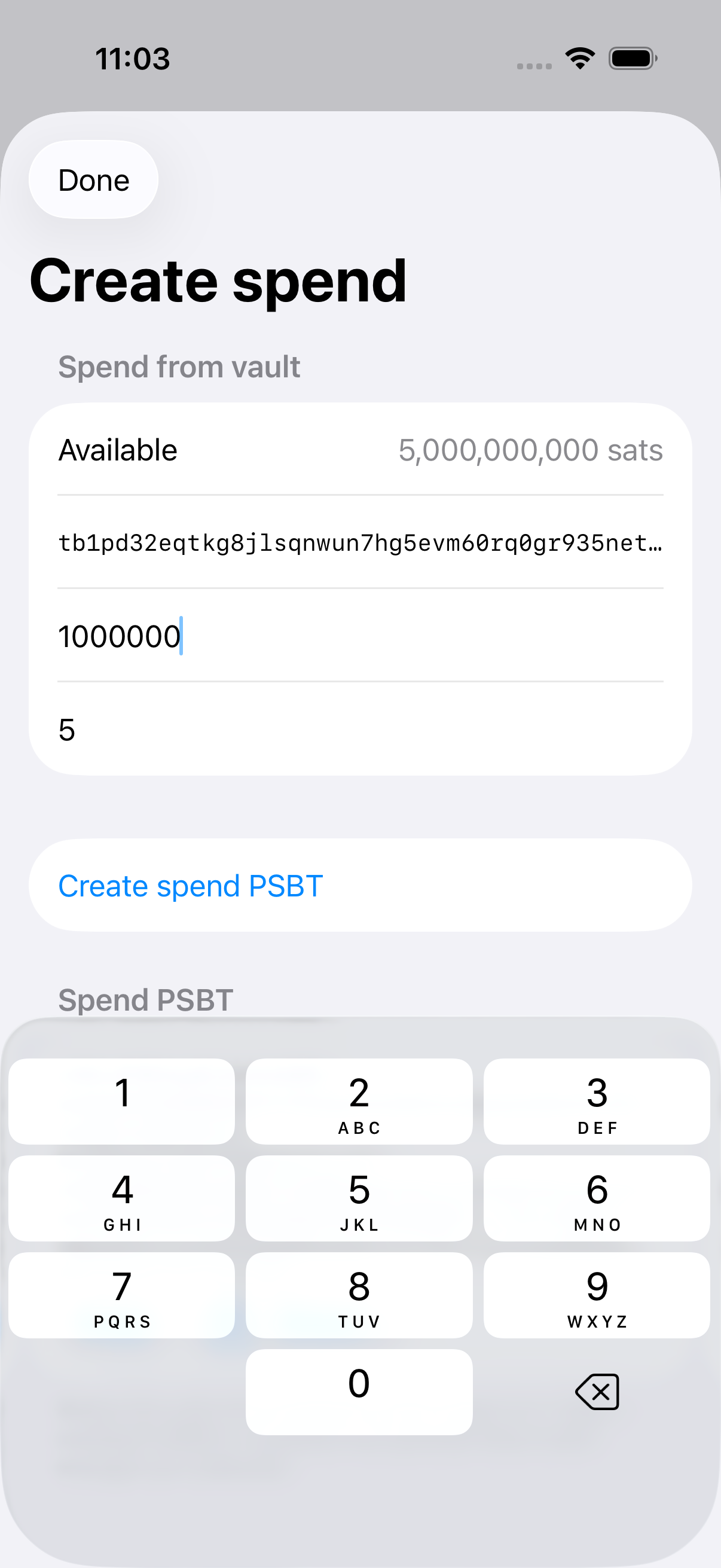 Winnow's create-spend screen for a 2-of-3 vault: the amount available, a destination address, an amount, and a button to create the spend as a PSBT.
