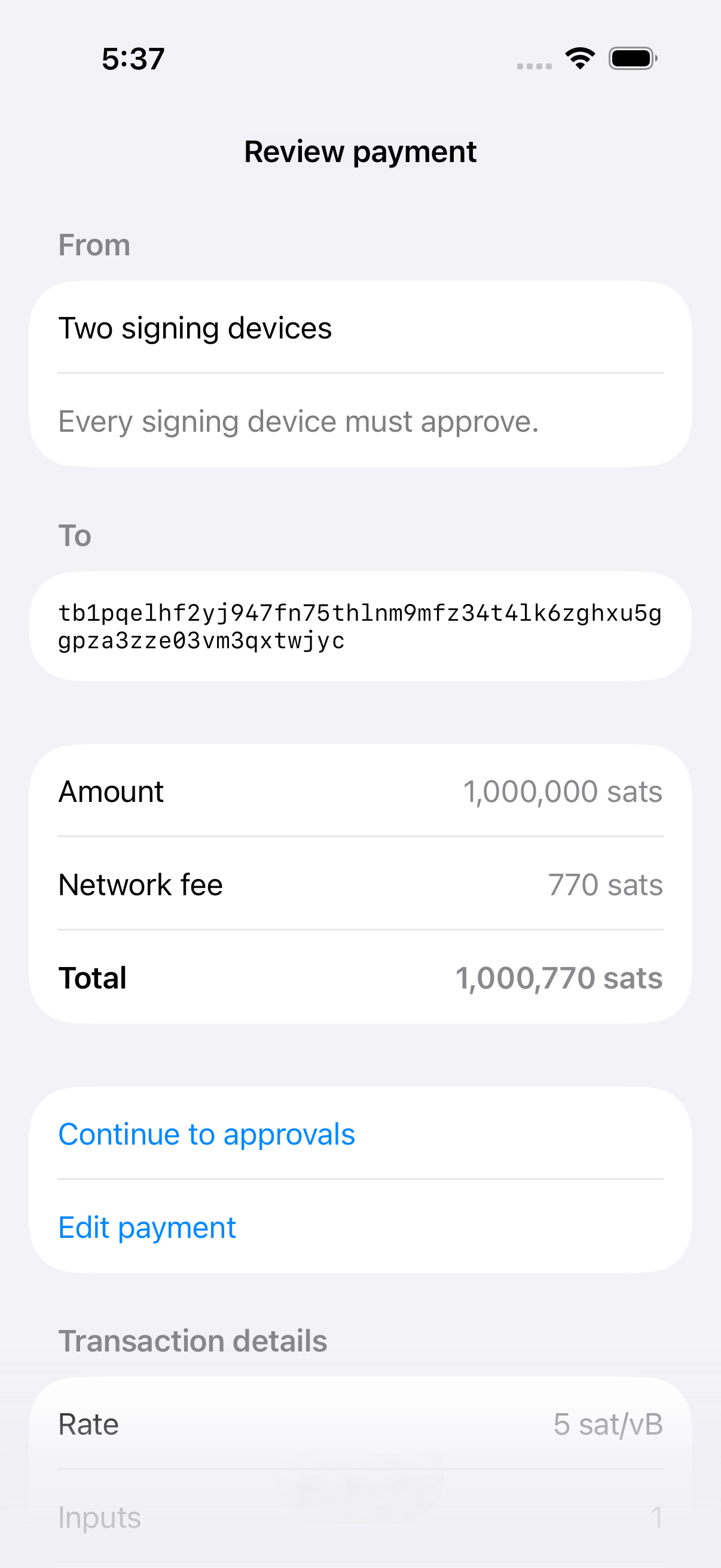 Winnow on iPhone: review the payment.
